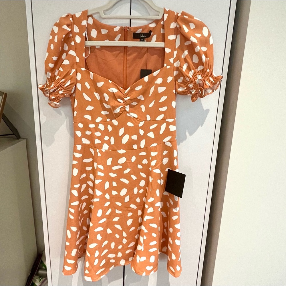 NWT Lulu’s Oh My Darlin' Orange Print Puff Sleeve Mini Dress